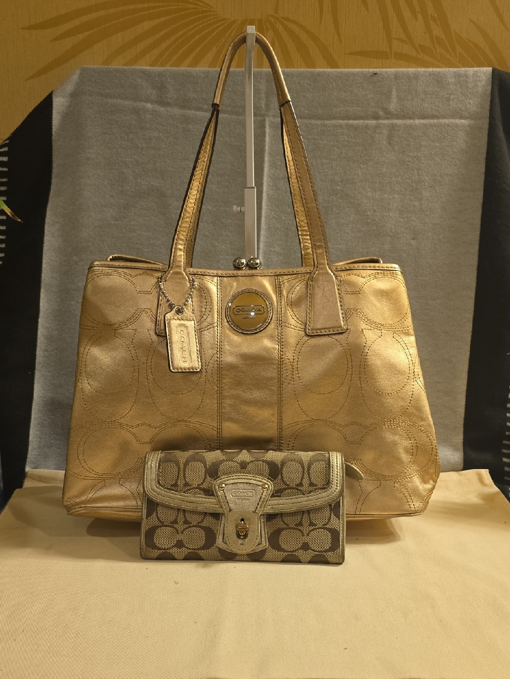 Coach Gold Mettalic Signature Tote with Free Logo Wallet